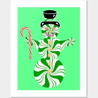 Spearmint Snowman with Striped Peppermint Candy Cane Posters and Art